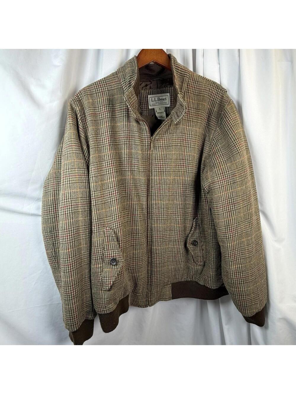 LL Bean Bomber Jacket Men’s XL Tall Brown Houndstooth Vtg Preppy Classic Wool